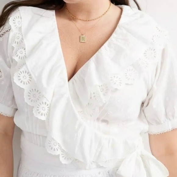 Anthropologie Forever That Girl Ruffled White Cotton Eyelet Lace Tie Wrap Top - Picture 5 of 13